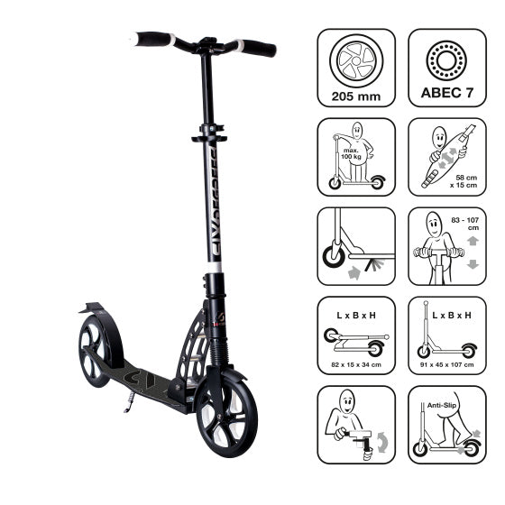 Sechs Grad 2-Rad-Roller mit vorderer faderfaltbarer Fußbremse schwarz