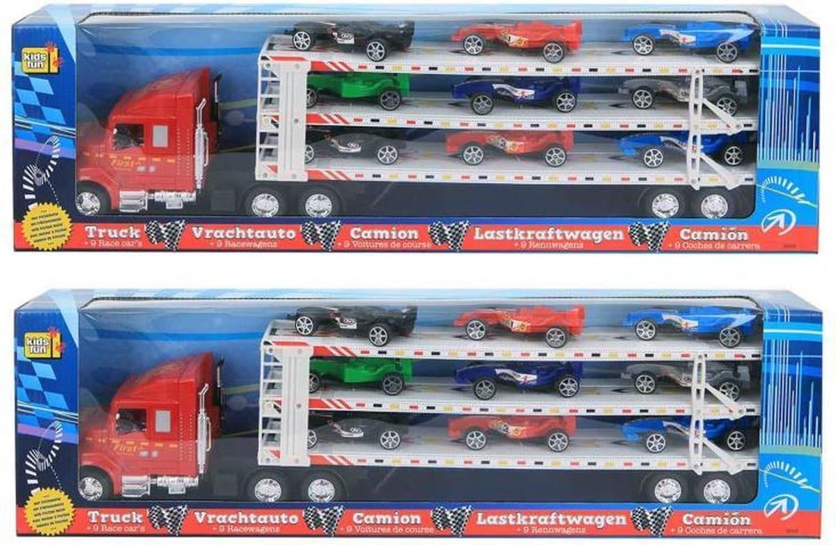 Jonotoys großer LKW mit Sattelauflieger und 9 Rennwagen darauf, 58 cm lang