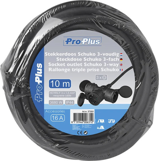 Proplus-Verlängerungskabel schuko 3-fach 10 Meter 3x1,5 mm² Schwarz