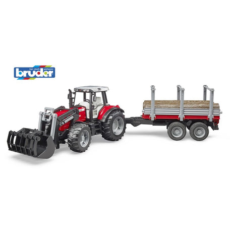 Bruder Massey Ferguson Traktor mit Frontlader und Holztransportanhänger