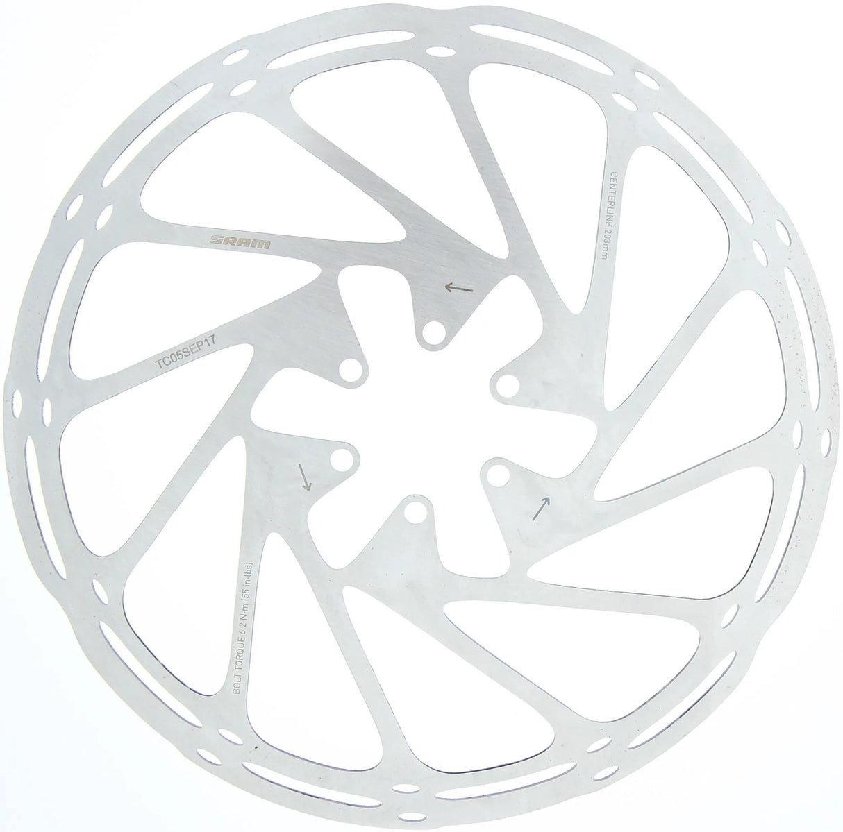 Mittellinie der Sram-Bremsscheibe: 203 mm, 6 Löcher
