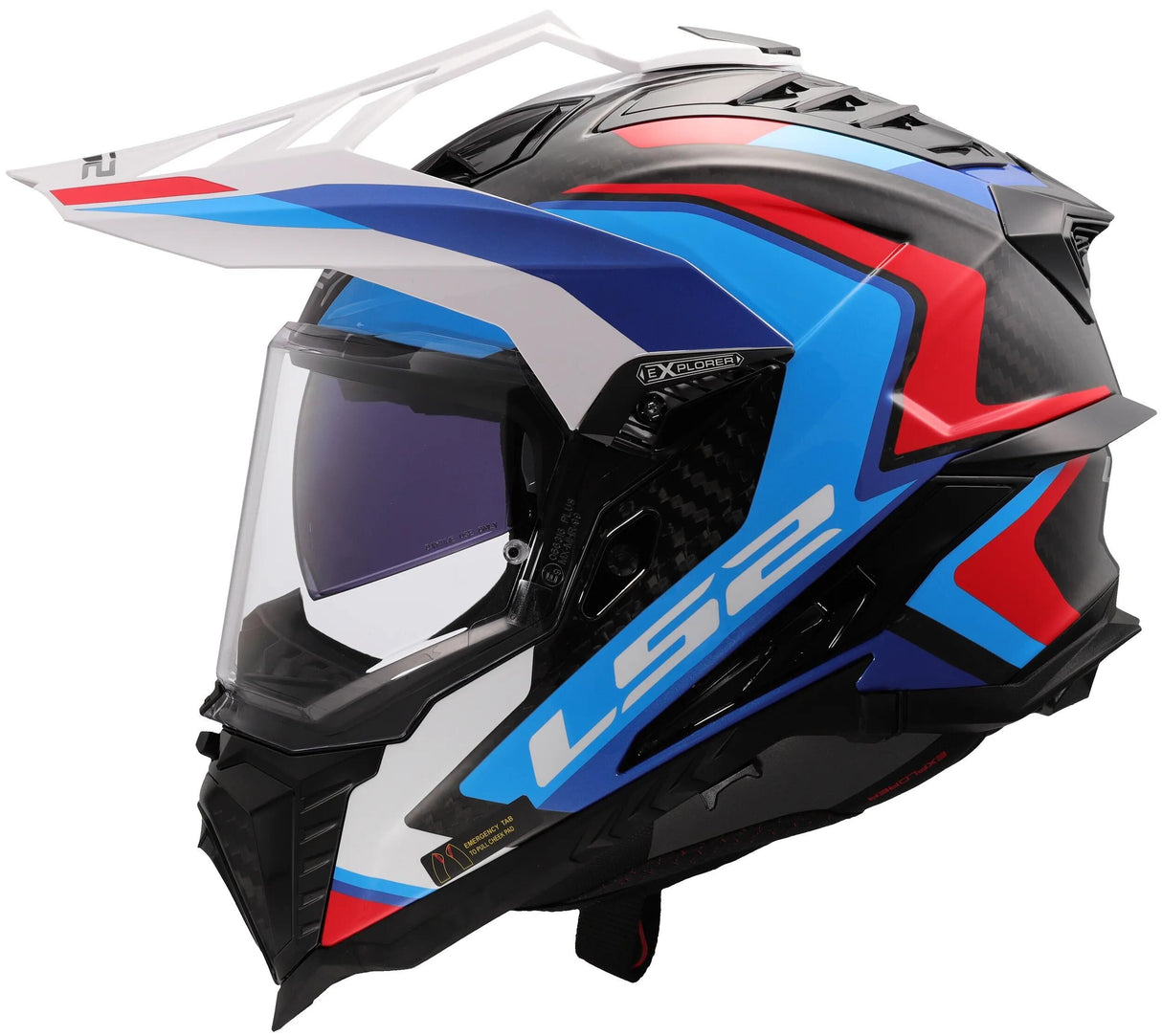Ls2 Enduro-Helm MX701 Explorer Carbon Frontier II, interne Sonnenblende, abnehmbar, waschbar, hypoallergen und atmungsaktiv, verstärkter Kinnriemen, Rettungswangenpolster, Doppel-D-Futter Helm MX701 Expl. car.fr.ii l ws blau sw