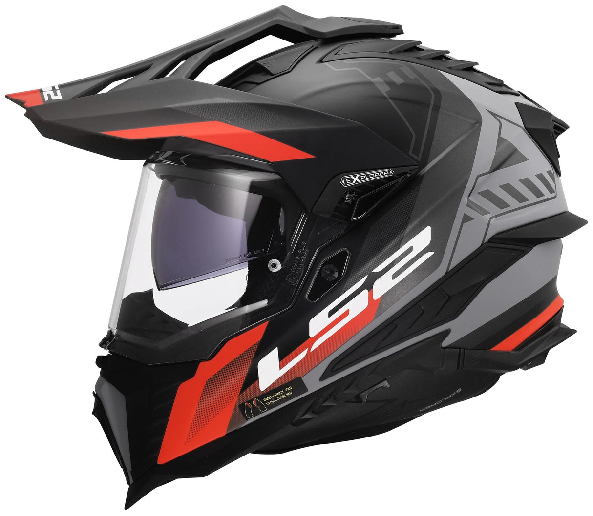 LS2 Enduro-Helm MX701 Explorer Hexa, interne Sonnenblende, kratzfestes und UV-beständiges Visier mit Verriegelungsmechanismus. Helm MX701 Explorer Hexa matt schwarz rot grau