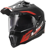 LS2 Enduro-Helm MX701 Explorer Hexa, interne Sonnenblende, kratzfestes und UV-beständiges Visier mit Verriegelungsmechanismus. Helm MX701 Explorer Hexa matt schwarz rot grau