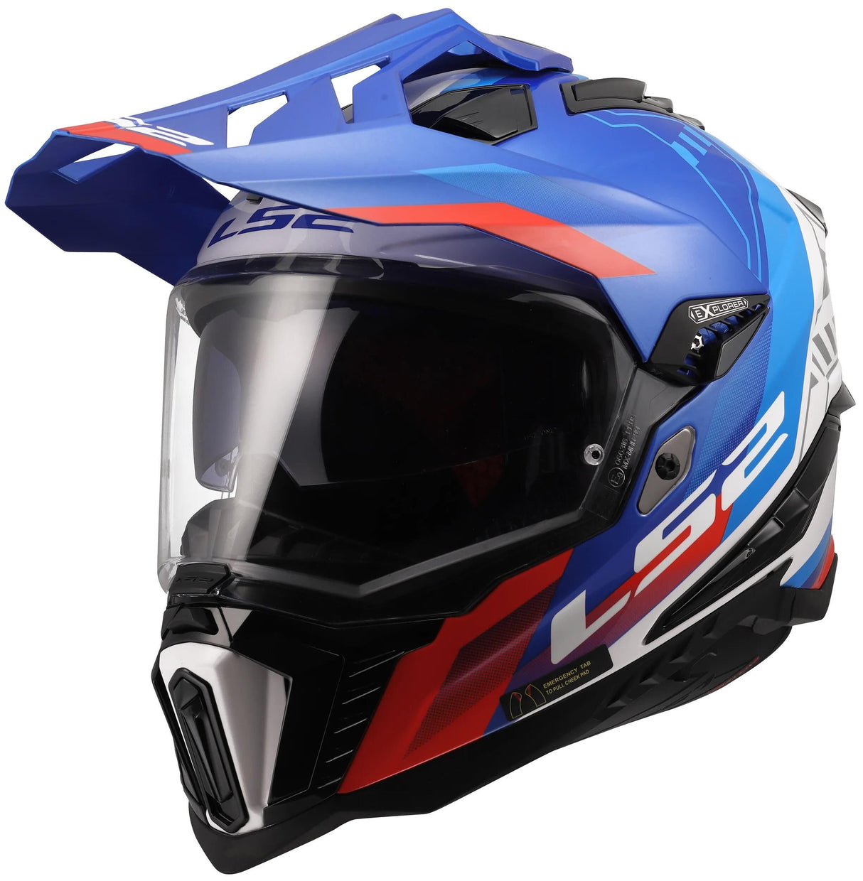 LS2 Enduro-Helm MX701 Explorer Hexa, interne Sonnenblende, kratzfestes und UV-beständiges Visier mit Verriegelungsmechanismus. Helm MX701 Explorer Hexa weiß blau rot xxl