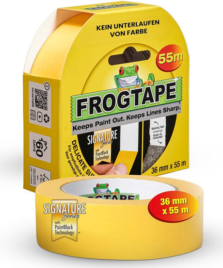 Kip Frog Tape Zarte Oberfläche – Abdeckband Malerband – Gelb 36 mm x 55 m für saubere Linien ohne Auslaufen der Farbe – Geeignet für alle Farbarten im Innen- und Außenbereich auf rauen oder feuchten Oberflächen – stabiles Papier in Profiqualität