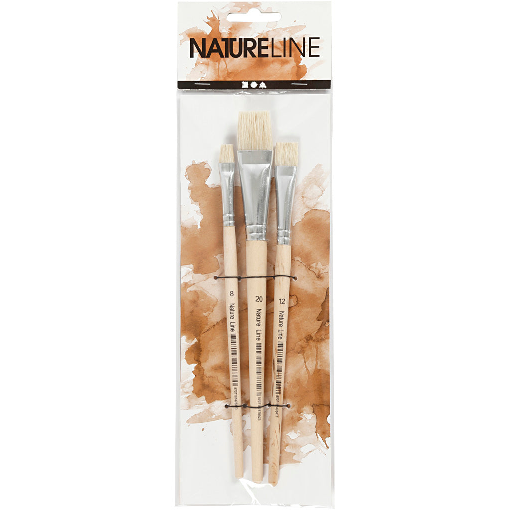 Creativ Company Nature Line Pinsel, Größe 8+12+20, L: 18,5-20,5 cm, B: 10-20 mm, flach, 3 Stück 1 Box