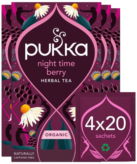 Pukka Tee Night Time Berry – 80 Teebeutel – Bio-Kräutertee – Kamille, Brombeere, schwarze Johannisbeere – 4 x 20 Beutel – Tee-Vorteilspackung