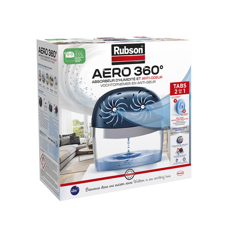 Rubson vochtopnemer aero360 toestel 40m2 | luchtontvochtiger toestel | vochtvanger badkamer | binnenhuis badkamer