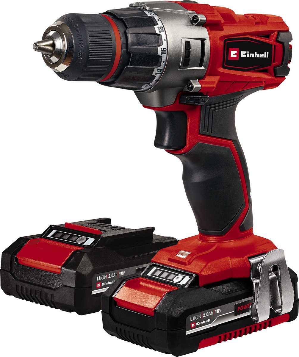Einhell Akku-Bohrschrauber TE-CD 18 2 Li Kit – Power X-Change – 18 V Li-Ion – 44 Nm – 10 mm Schnellspannbohrfutter – inkl. 2x 2,0 Ah Akku und Ladegerät