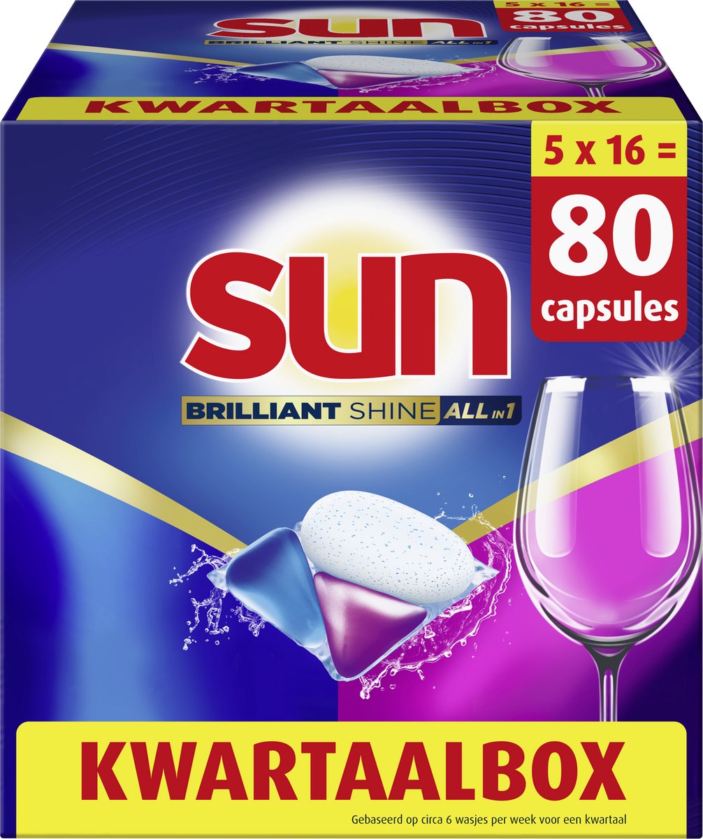 Sun - vaatwastabletten - brilliant shine - all-in-1 - 80 capsules - voordeelverpakking