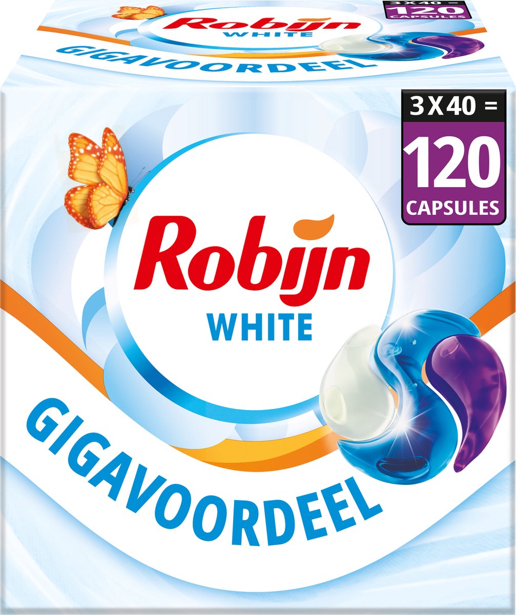Robijn wasmiddel - 3-in-1 wascapsules - stralend wit - 3 x 40 stuks - 120 wasbeurten - voordeelverpakking