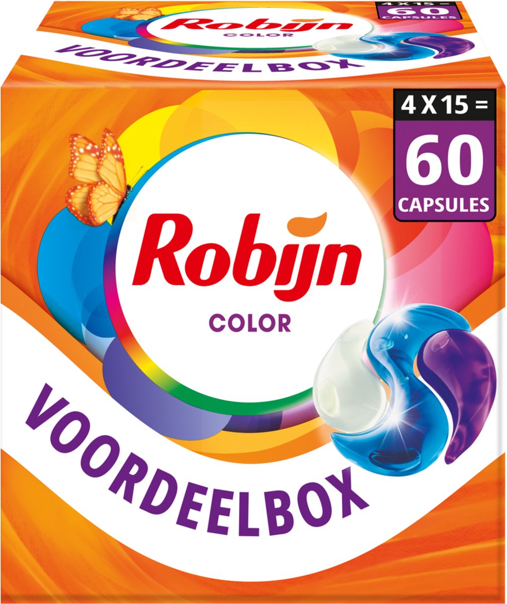 Robijn wasmiddel - 3-in-1 wascapsules - color - 4 x 15 stuks - 60 wasbeurten - voordeelverpakking