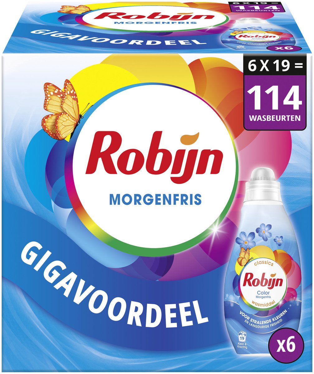 Robijn - vloeibaar wasmiddel - klein krachtig - morgenfris - 6 flessen 114 wasbeurten - voordeelverpakking