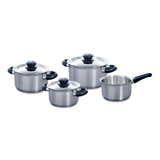 BK Karat+ Pfannenset 4-teilig – 16 18 20 cm – ohne PFAS-freie Antihaftbeschichtung – Induktionspfannenset – Kochpfanne aus Edelstahl – ofenfest bis 160 °C – mit Deckel – Silber