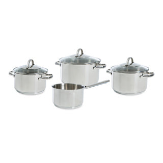 BK Essentials Pfannenset 4-teilig – 16 18 20 cm – ohne PFAS-freie Antihaftbeschichtung – Induktionspfannenset – Induktionskochpfanne – Pfannenset aus Edelstahl – ofenfest bis 230 °C – mit Glasdeckel – Silber