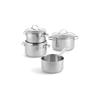 BK Essentials Pfannenset 4-teilig – 16 18 20 cm – ohne PFAS-freie Antihaftbeschichtung – Induktionspfannenset – Induktionskochpfanne – Pfannenset aus Edelstahl – ofenfest bis 230 °C – mit Glasdeckel – Silber