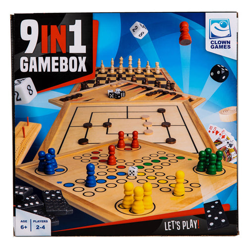 Clownspiele 9-in-1-Spielbox aus Holz