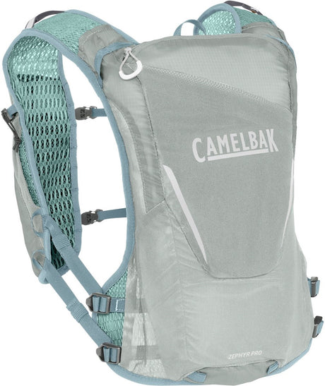 Camelbak Zephyr-Weste für Herren – Einheitsgröße – ultraleichtes Material – Platz für 2 flexible 500-ml-Flaschen – reflektierend – 8 Fächer – Laufweste – Getränkehalter – Trinkbeutel – Grau mit Türkis