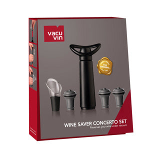 Geschenkset zur Aufbewahrung von Vacu Vin Concerto mit Pumpe, 1 Weinheber und 3 Stopfen