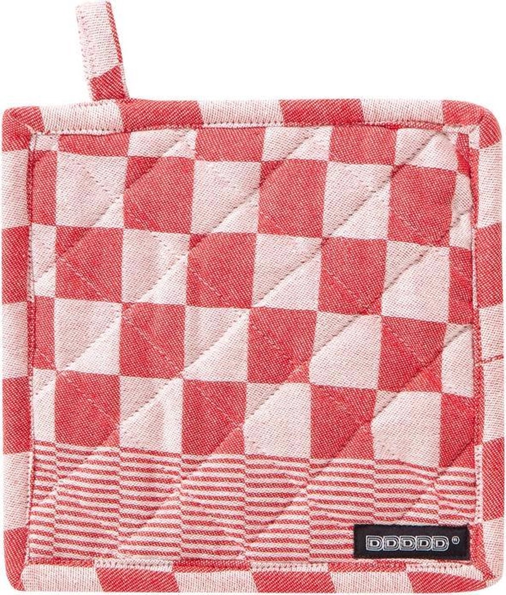 Ddddd barbeque pannenlap - set van 2 - katoen - geruit - met ophanglus - 21x21 cm - rood