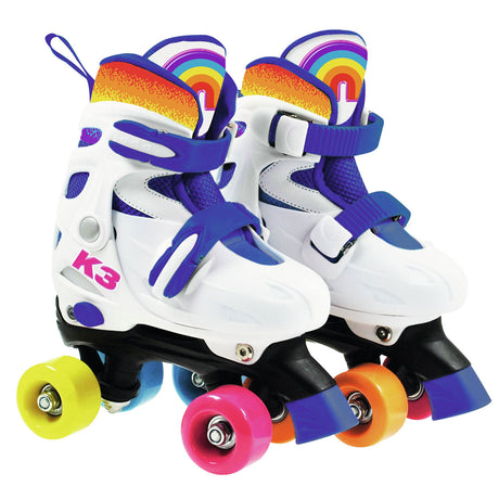 K3 - Rollschuhe - Größe 30 33 - in 4 Größen verstellbar - mit Stopper - Weiß - Regenbogen - mit Rollen in 4 Farben