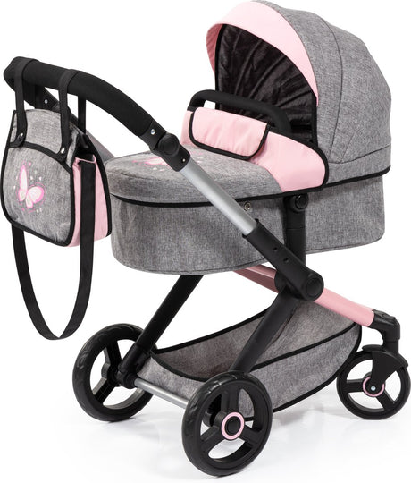 Bayer Design - Kombi-Puppenwagen XEO, Tasche, Jeansgrau, Pink