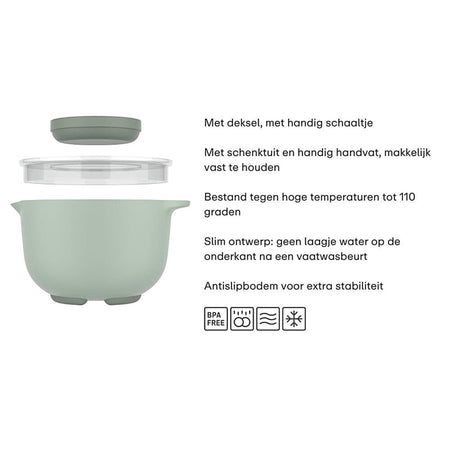 Mepal Rührschüssel mit Spritzdeckel Chef It – 3 l – Schüssel – mikrowellen- und spülmaschinenfest – Backzubehör – nordischer Salbei
