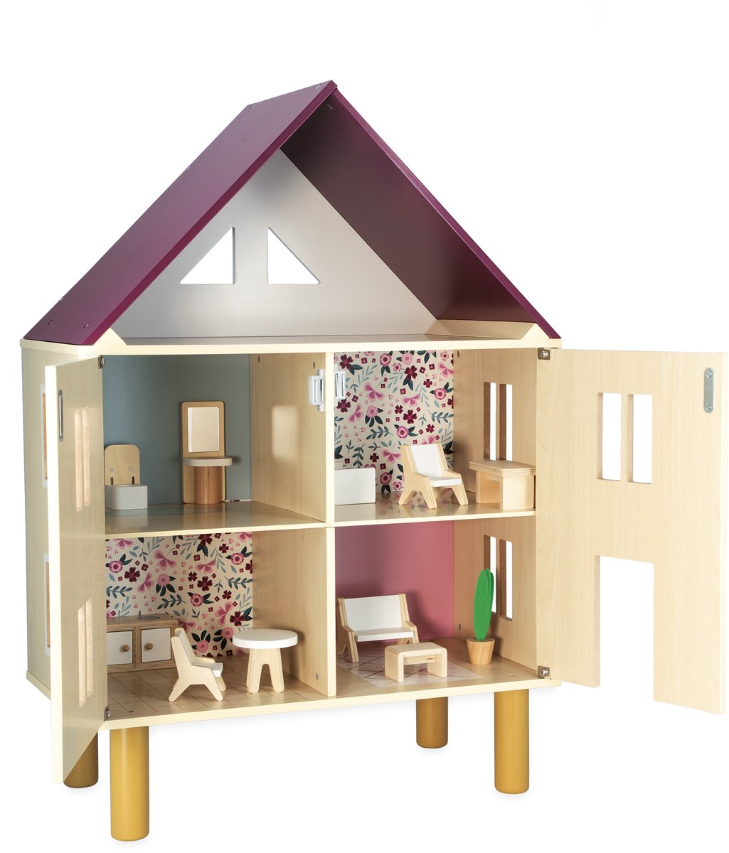 Janod Twist – Puppenhaus – Puppenhaus aus Holz mit drei Etagen – Lieferung mit 11 Möbelstücken zur Einrichtung des Hauses – geeignet ab 3 Jahren