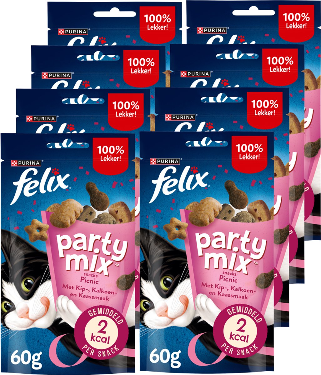 Felix Partymix Pic Nic – Katzensnacks – Katzenleckerlis – Hähnchen-Truthahn-Käse – 8 x 60 g
