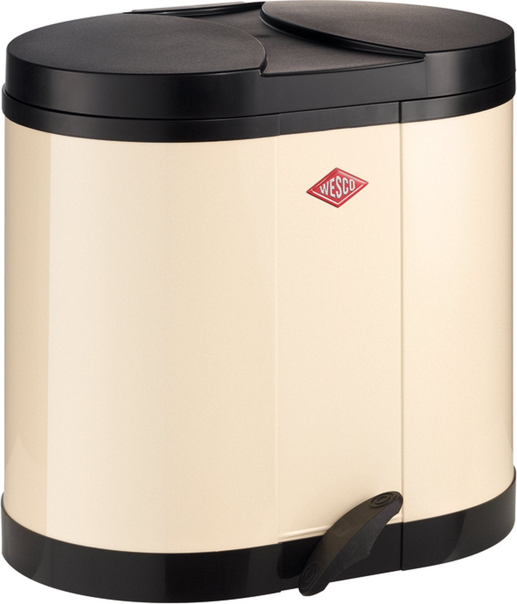 Wesco Öko-Sammelabfallbehälter | 30 Liter | Duo Treteimer (2x15 Liter) | Metall - Mandel | Mülltrennung – Made in Germany
