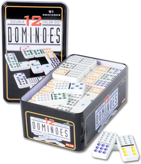 Engelhart Domino Double 12 – 91 Steine mit farbigen Augen – kompakte Dose – klassisches Spiel für Zuhause – strategisches Familienspiel –