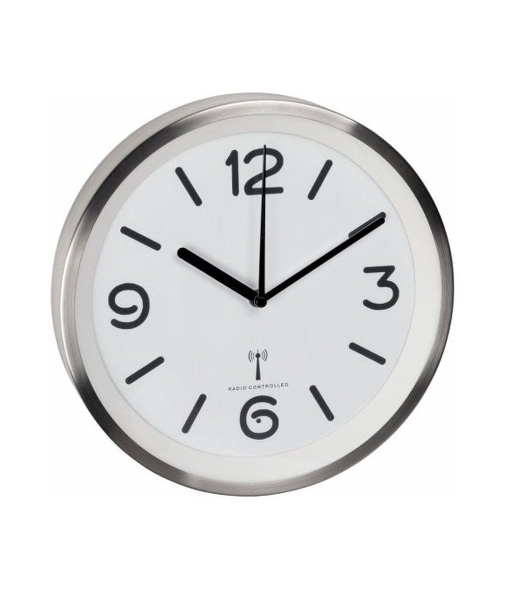 Tfa dostmann 60.3535.02 - wandklok - analoog - rond - radiogestuurde tijdsaanduiding - rustig loopwerk - achtergrondverlichting - aluminium - glas - zilverkleurig - wit