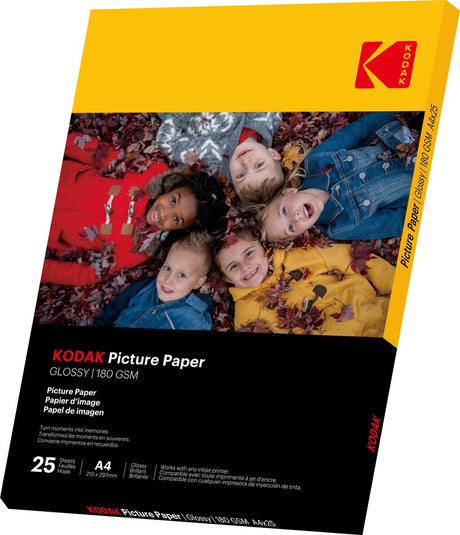 Kodak Bilderpapier – Packung mit 25 Papieren in Fotoqualität – Format 21 x 29,7 cm (A4) – brillante Oberfläche – 180 g/m² – kompatibel mit allen Imprimante Jet d'encre