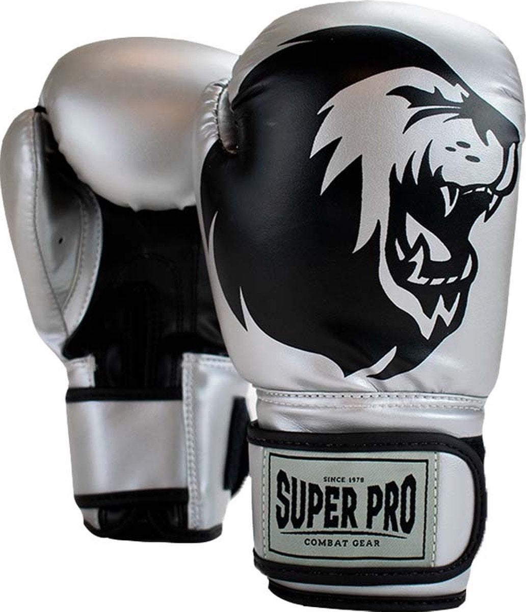 Super pro combat gear talent (kick)bokshandschoenen zilver zwart 8oz