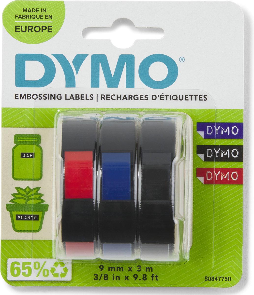Dymo Original geprägtes Klebeband | 9mm x 3m | Weiß auf Blau, Weiß auf Rot, Weiß auf Schwarz | selbstklebend | für geprägte Bandetikettenhersteller | 3 Stück | Hergestellt in Europa