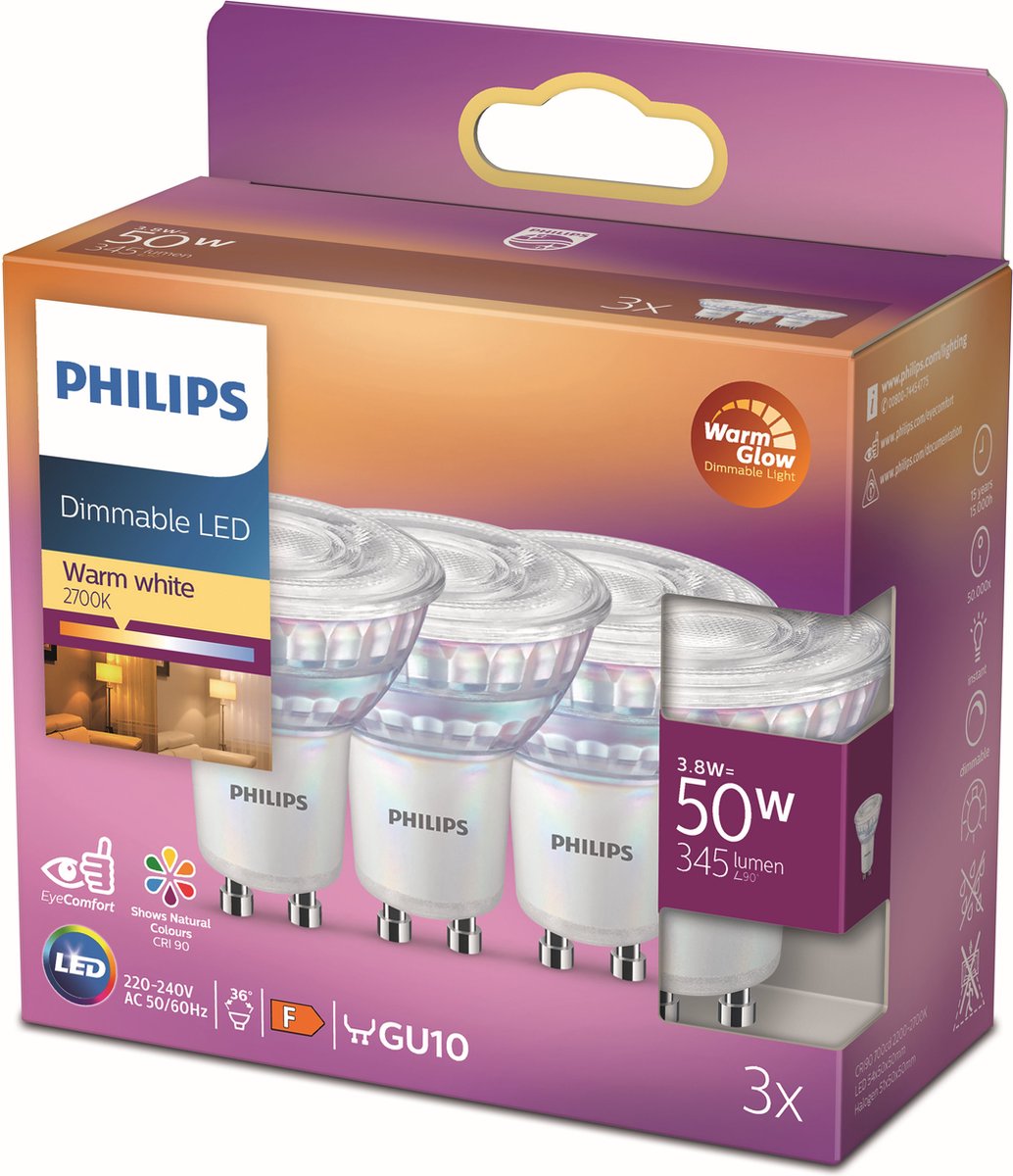 Philips led energiezuinige spot - 50 w - gu10 - dimbaar warmwit licht - 3 stuks - bespaar op energiekosten
