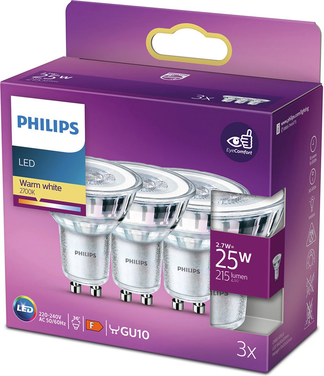 Philips led energiezuinige spot - 25 w - gu10 - warmwit licht - 3 stuks - bespaar op energiekosten