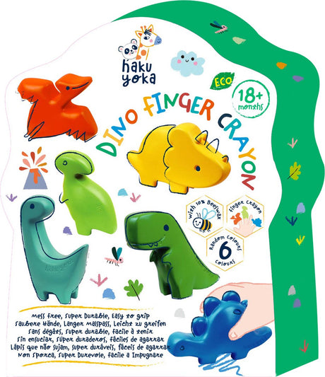 Haku Yoka Wachsmalstifte Dino – 6 Stück – enthält 10 % Bienenwachs – Fingerpuppen – 18 Monate