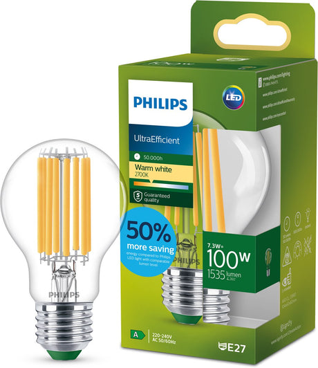 Philips led philips ultra efficient led lamp transparant - 100 w - e27 - warmwit licht