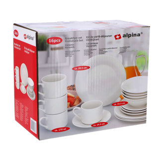 Alpina Geschirr-Set 16-teilig – Frühstücksteller-Set für 4 Personen – Steingut-Geschirr – Frühstücksteller, Schüsseln, Tassen und Untertassen – mikrowellen- und spülmaschinenfest – weiß