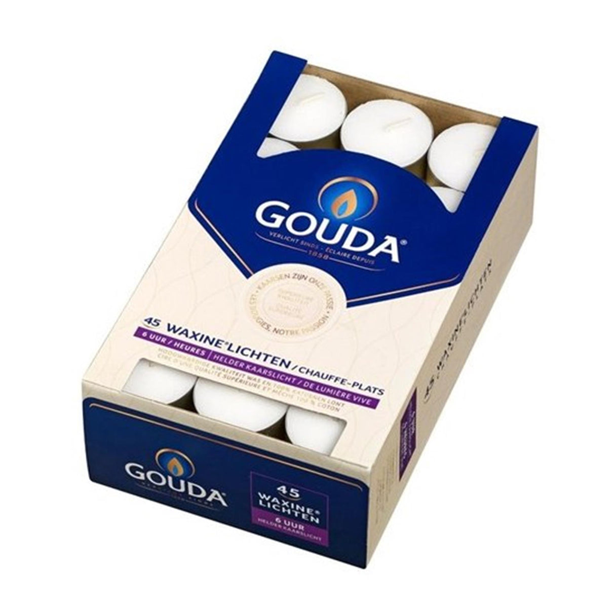 Gouda Teelichter 45 Stück, 6 Brennstunden, weiß
