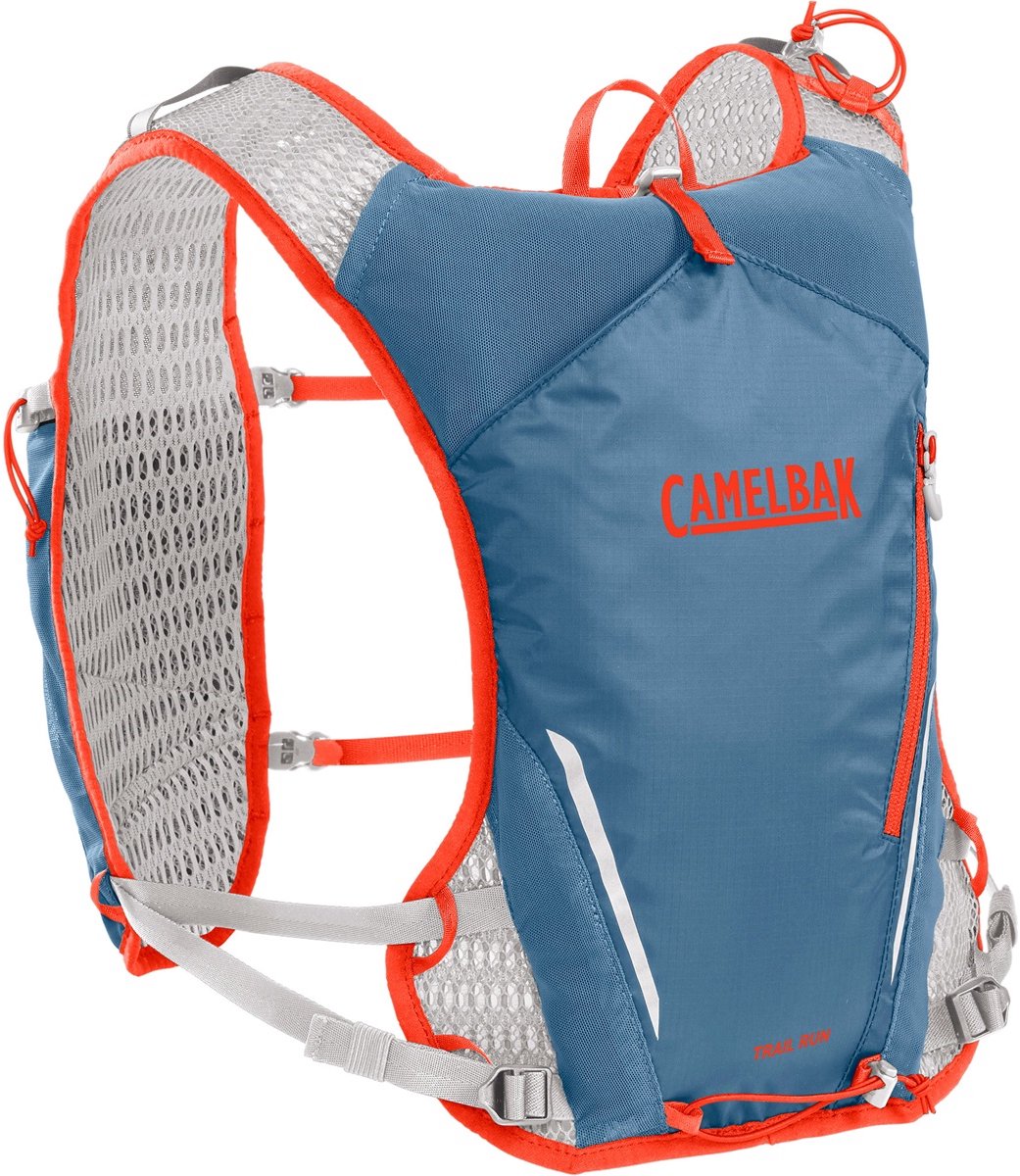 Camelbak Trailrun-Weste – Trinkrucksack – 5 l – reflektierend – Platz für 2 flexible 500-ml-Flaschen – 3D-Mikro-Mesh – Laufweste – Getränkehalter – leicht – Blau