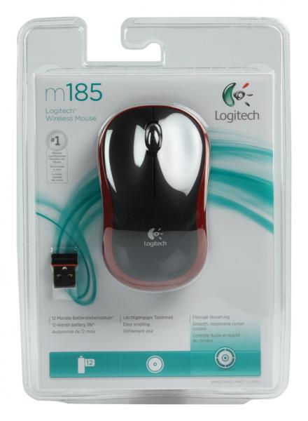 Logitech Logitech M185 bezdrátová optická myši červená [RF 2.4GHz, 1000 dpi, 3-tlačítko, AA, 10m]