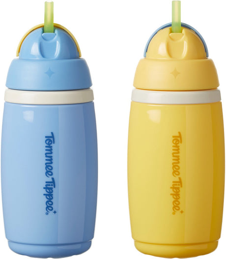 Tommee Tippee isolierter Aktiv-Strohhalmbecher – 2 Stück – 266 ml – auslaufsichere Wasserflasche für Kleinkinder ab 12 Monaten – Blau und Gelb