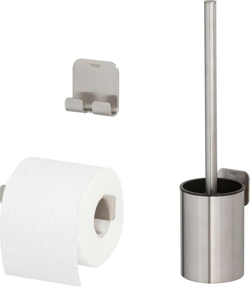 Tiger Colar Toilettenzubehörset – Toilettenbürste mit Halter – Toilettenpapierhalter – Haken – gebürsteter Edelstahl