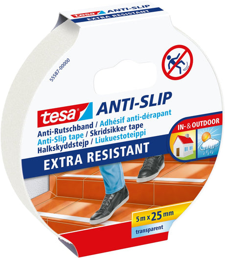 Tesa Anti-Rutsch-Klebeband, Treppen, Leitern, Böden im Innen- und Außenbereich, selbstklebend – transparent, 5 m x 25 mm