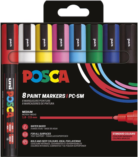 Posca Lackmarker PC-5m – 1,8 – 2,5 mm – Uni-Mitsubishi-Bleistift – Karton mit 8 Stück in Grundfarben