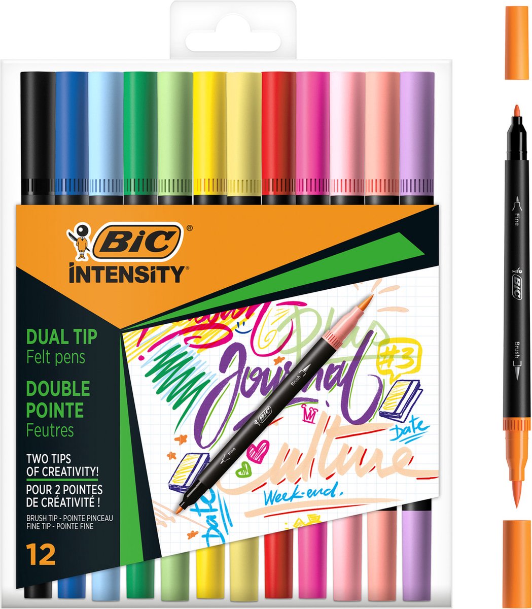 Bic intensity dual tip penseelstiften voor tekenen en kleuren - viltstiften - stiften voor volwassenen - pastel kleurstiften met flexibele penseelpunt - 12 stuks