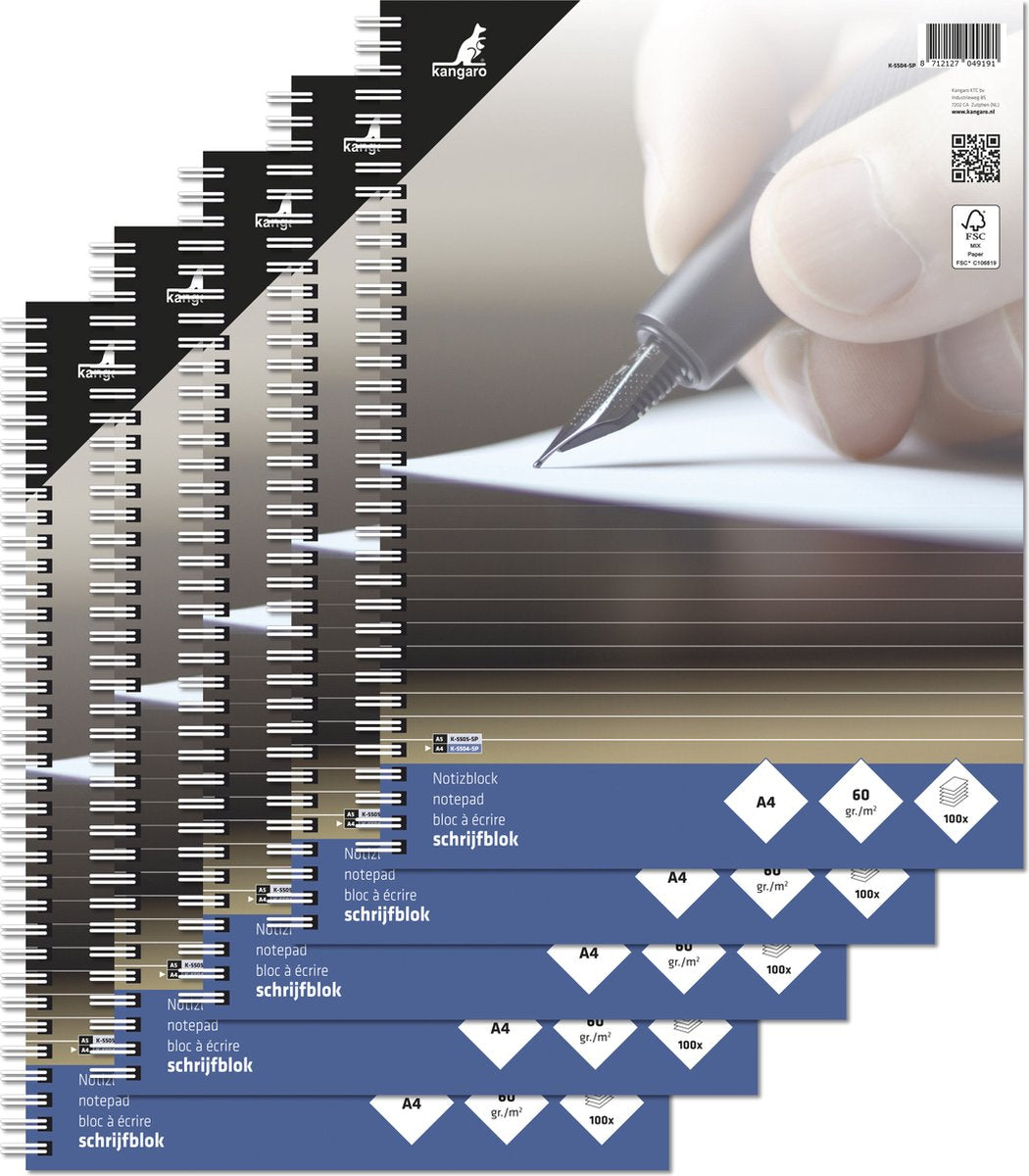 Kangaro schrijfblok - a4 - met lijn - spiraal - 60 grams - 200 pagina's - 5 stuks - k-5504-sp-5